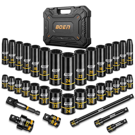 boen 1/2" Drive Impact Socket Set, 36PCS Metric (10-24mm) Deep & Shallow Sockets, 6 Point Design, with Extension Bars, Adapters, Universal Joint, Yellow Embossed Marking