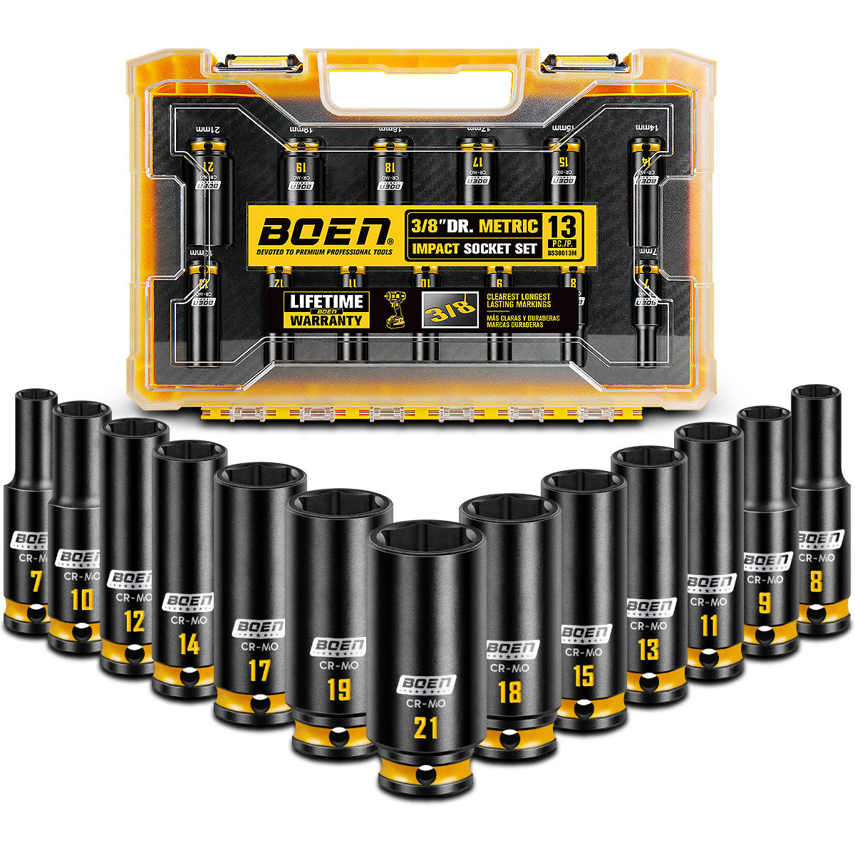 boen 13PCS 7mm-21mm 3/8” Drive Metric Socket Set, Impact Deep Socket, 6-Point with Yellow Embossed Marking, CR-MO Steel