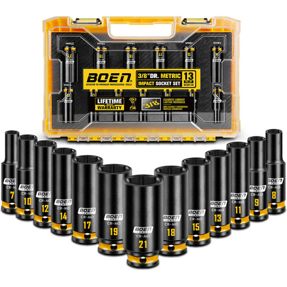 boen 13PCS 7mm-21mm 3/8” Drive Metric Socket Set, Impact Deep Socket, 6-Point with Yellow Embossed Marking, CR-MO Steel