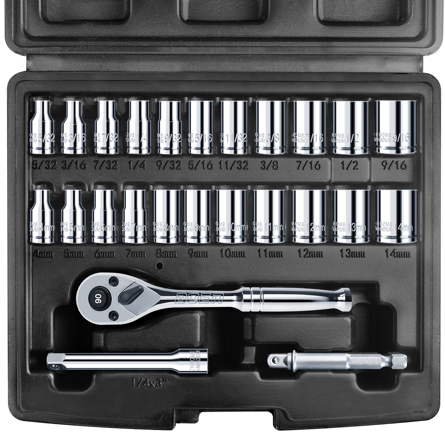 BOEN 25 Pieces 1/4" Drive Socket Set, SAE (5/32"-9/16") & Metric (4mm-14mm), 6-Point, Shallow Sockets with Ratchet, Extension Bars and Storage Case,Cr-V Steel