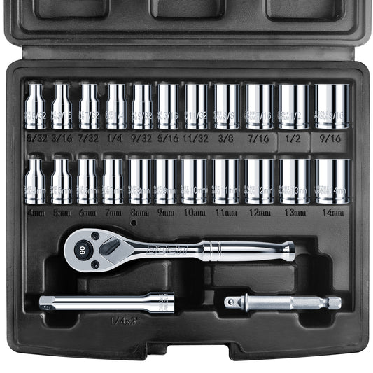 BOEN 25 Pieces 1/4" Drive Socket Set, SAE (5/32"-9/16") & Metric (4mm-14mm), 6-Point, Shallow Sockets with Ratchet, Extension Bars and Storage Case,Cr-V Steel