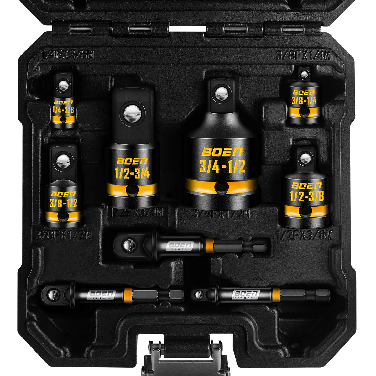 BOEN 9-Piece Impact Socket Adapter & Reducer Set, 1/4" & 3/8" & 1/2" &3/4" Drive Socket Adapter Set with Deep Embossed & Painted Markings, Include 1/4" Drive SAE Hex Shank Adapters