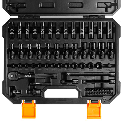 BOEN 1/4" Drive Metric Impact Socket Set, 66-Piece (4-14mm) Deep & Shallow Kit, Includes 5-15mm Swivel Sockets, 72T Ratchet Handle, 2", 4", 6" Extension Bar, Adapters, Universal Joint & Impact Bit