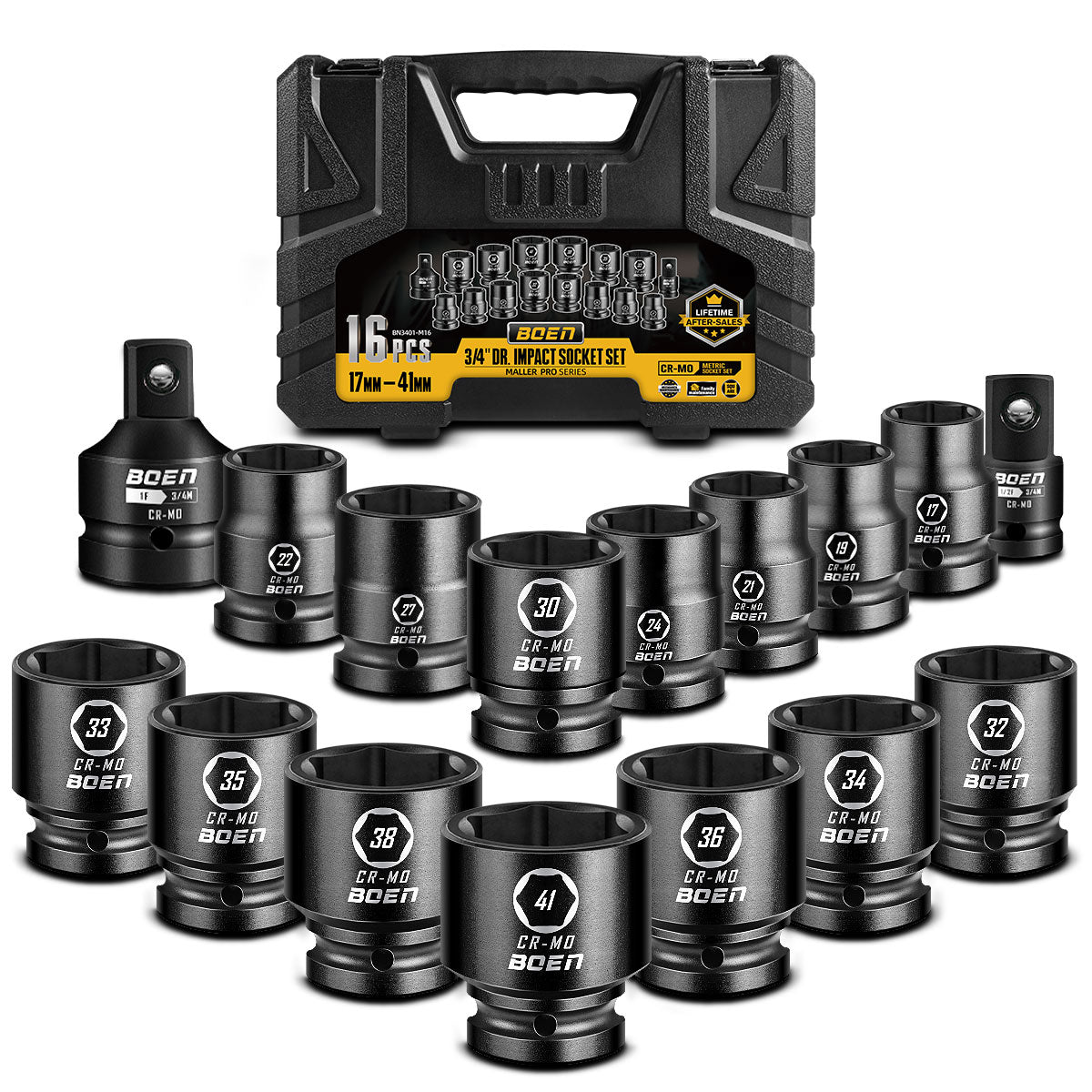 boen 3/4" Drive Metric Socket Set, 17mm - 41mm Large Impact Sockets, 6-Point CR-MO Steel, Rugged Construction,16PCS with a Storage Case, for Large Vehicle and Machinery Maintenance