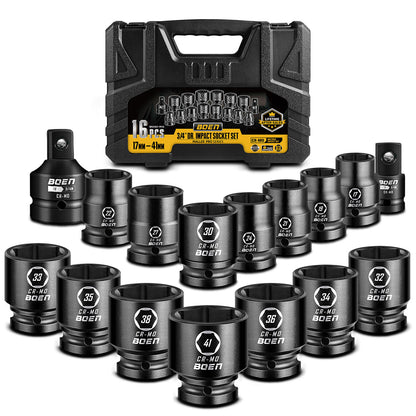 boen 3/4" Drive Metric Socket Set, 17mm - 41mm Large Impact Sockets, 6-Point CR-MO Steel, Rugged Construction,16PCS with a Storage Case, for Large Vehicle and Machinery Maintenance