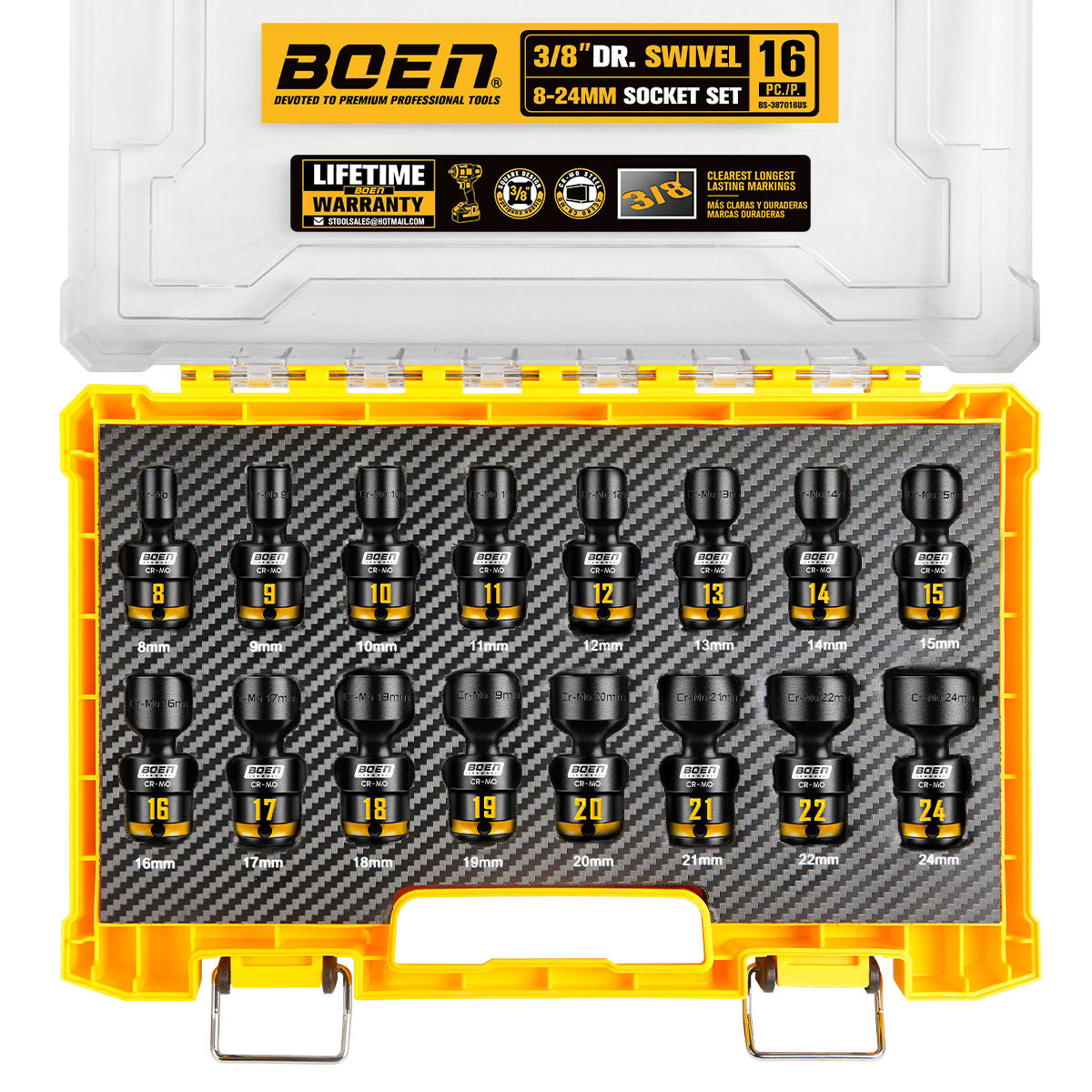 BOEN Pro 3/8 Inch Drive Impact Swivel Socket set, 16-Pieces 8-24mm, 6-Point Shallow Metric Universal Wobbly Sockets With Painted Marking, Cr-Mo, Include PP Case, Fit Into Tight and Narrow Spaces