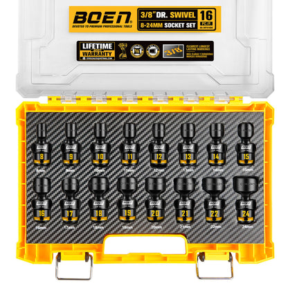 BOEN Pro 3/8 Inch Drive Impact Swivel Socket set, 16-Pieces 8-24mm, 6-Point Shallow Metric Universal Wobbly Sockets With Painted Marking, Cr-Mo, Include PP Case, Fit Into Tight and Narrow Spaces