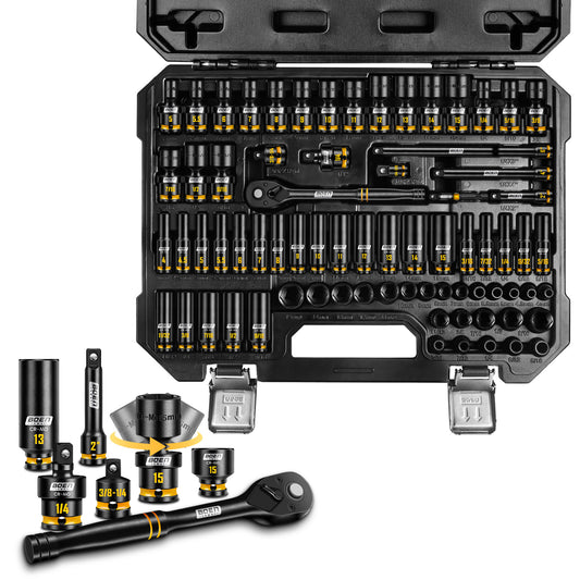 BOEN Pro 1/4" Drive Impact Socket Set, 74-Piece SAE (3/16"-9/16") and Metric (4-15mm), 6-Point Deep & Shallow Kit with Deep Painted Marking, Cr-Mo, Includes Ratchet Handle,Universal Socket for DIYers