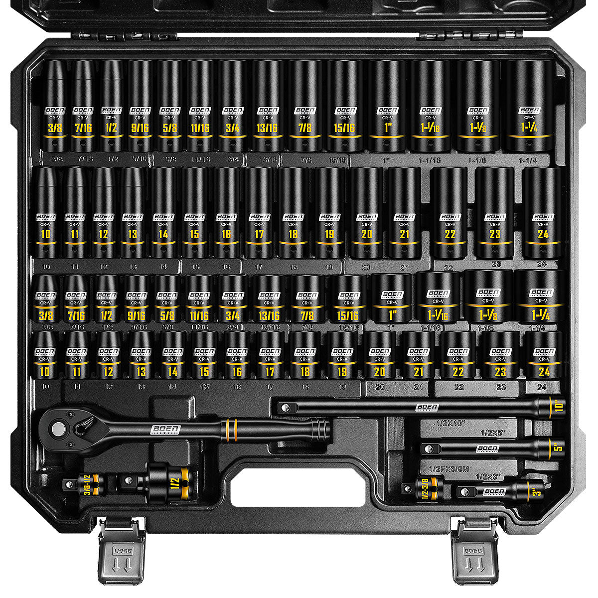 BOEN 1/2" Drive Impact Socket Set, 65-Piece Standard SAE (3/8" to 1-1/4") & Metric (10mm-24mm) Deep & Shallow Socket with Embossed Painted Marking, Includes Adapters, Ratchet Wrench, Extension Bars