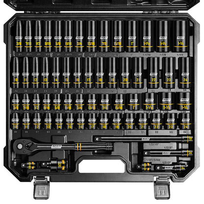 BOEN 1/2" Drive Impact Socket Set, 65-Piece Standard SAE (3/8" to 1-1/4") & Metric (10mm-24mm) Deep & Shallow Socket with Embossed Painted Marking, Includes Adapters, Ratchet Wrench, Extension Bars