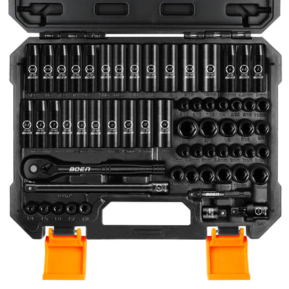 BOEN 1/4" Drive Impact Socket Set, 60-Piece Standard SAE (5/32"-9/16") & Metric (4-15mm), Deep & Shallow Kit, Includes Ratchet Handle,E-torx sockets, Reducer, Extension Bar, Universal Joint