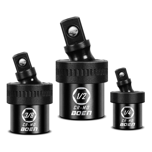 boen Impact Universal Joint Set 1/2", 3/8", 1/4" Drive, 3-Piece Swivel Socket Extensions, Impact Grade Wobble Set Meets ANSI Standards with 2 Size Markings, Chrome Molybdenum Steel for Impact Wrench