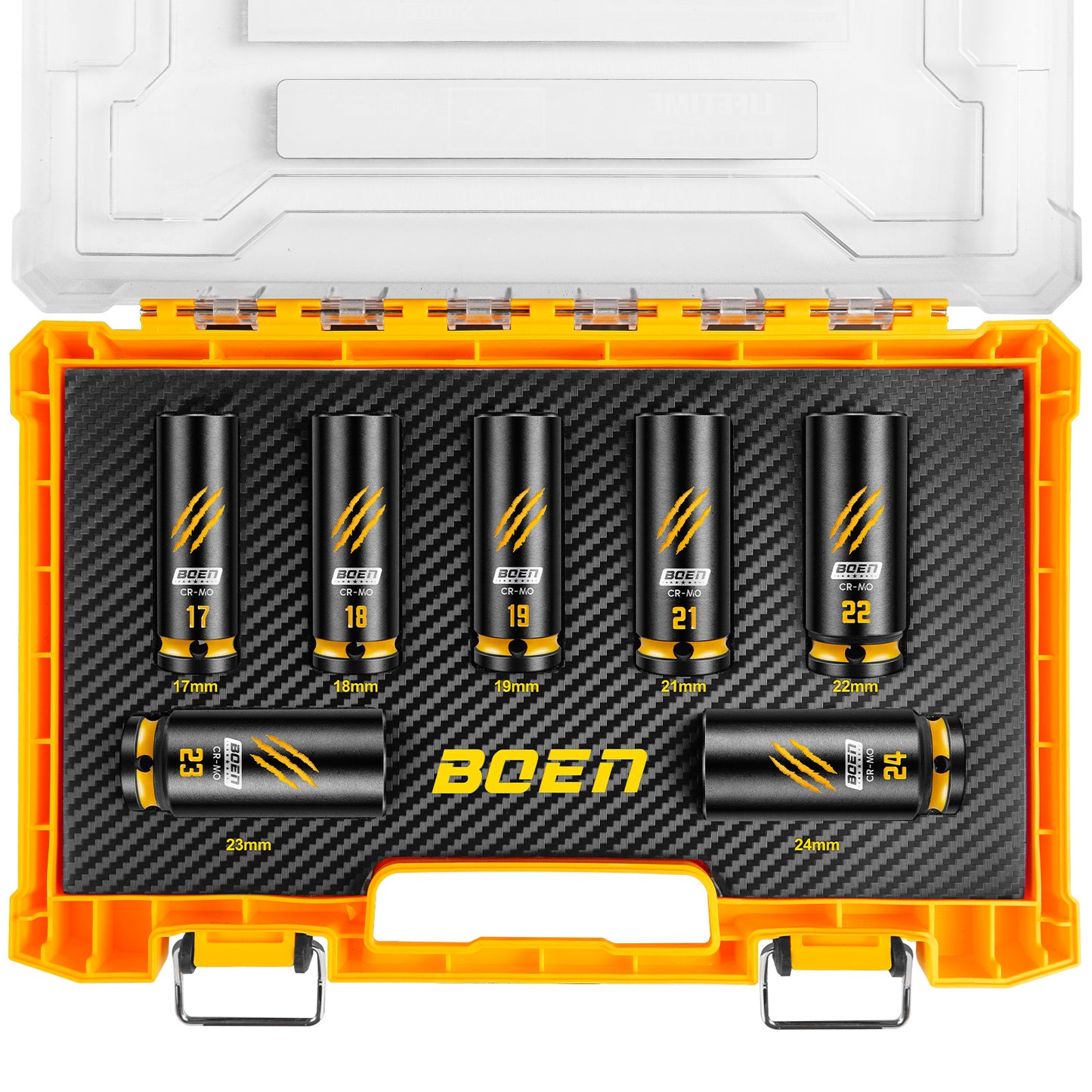 BOEN 7-Piece 1/2" Drive Metric Impact Socket Set, (17, 18, 19, 21, 22, 23, 24 mm) Deep Socket, Chrome-molybdenum Steel, Deep Embossed and Painted Marking, 6-Point Design, Yellow Groove