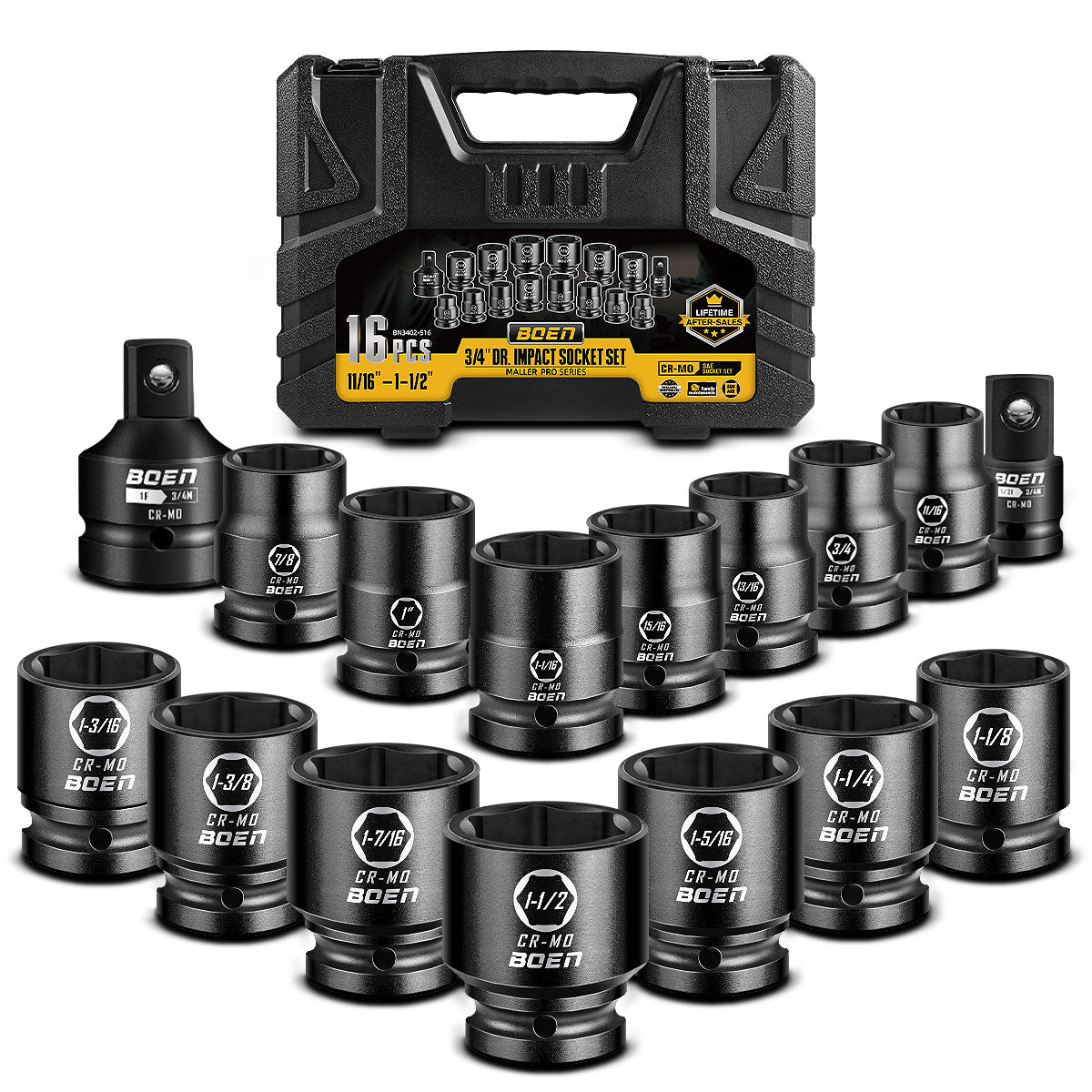 boen 3/4" Drive SAE Standard Socket Set, 11/16" - 1-1/2" Large Impact Sockets, 6-Point CR-MO Steel, Rugged Construction,16PCS with a Storage Case, for Large Vehicle and Machinery Maintenance