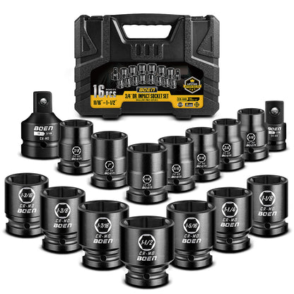 boen 3/4" Drive SAE Standard Socket Set, 11/16" - 1-1/2" Large Impact Sockets, 6-Point CR-MO Steel, Rugged Construction,16PCS with a Storage Case, for Large Vehicle and Machinery Maintenance