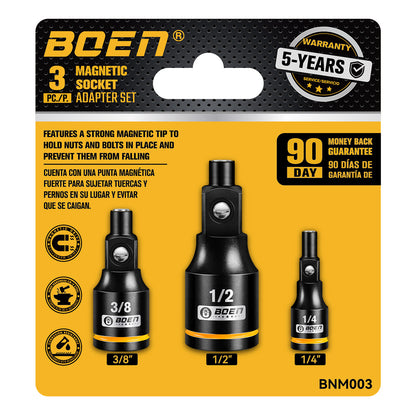 BOEN 3-Piece Magnetic Socket Extension Set, 1/4", 3/8", 1/2" Drive for Automotive and DIY Repairs, Tight Spaces, Mechanics & Home Use