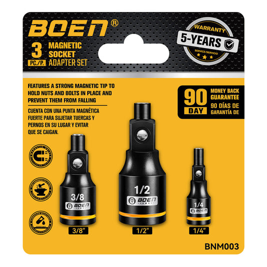 BOEN 3-Piece Magnetic Socket Extension Set, 1/4", 3/8", 1/2" Drive for Automotive and DIY Repairs, Tight Spaces, Mechanics & Home Use