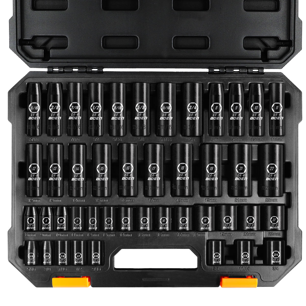 BOEN 3/8" Drive Impact Socket Set, 6 Point 44-Piece SAE (5/16 to 3/4 inch) and Metric (8-19mm, 21mm, 22mm) Full, Deep & Shallow Socket Kit, Cr-V Steel for Impact Wrench and Ratchet Handle