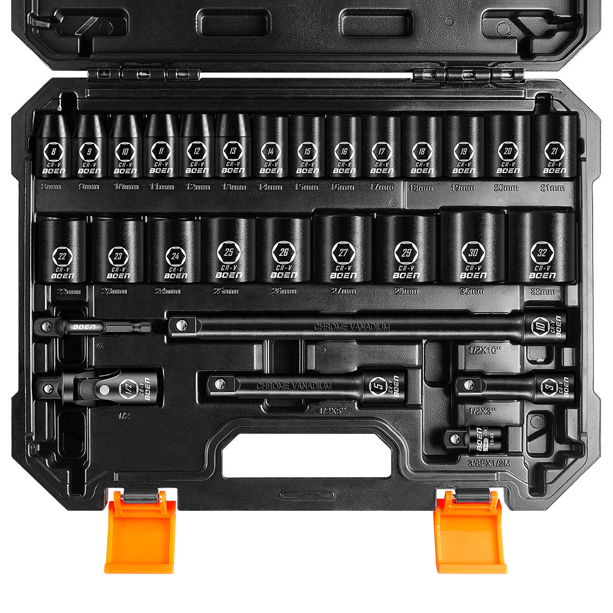 boen 8mm-32mm 1/2” Drive Metric Socket Set, Impact Shallow Socket, 6 P ...