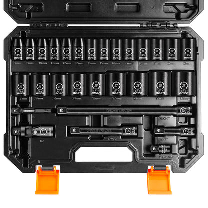 boen 8mm-32mm 1/2” Drive Metric Socket Set, Impact Shallow Socket, 6 Point Lug Nut Socket for Auto Repair with Portable Case, CR-V Steel, 29PCS