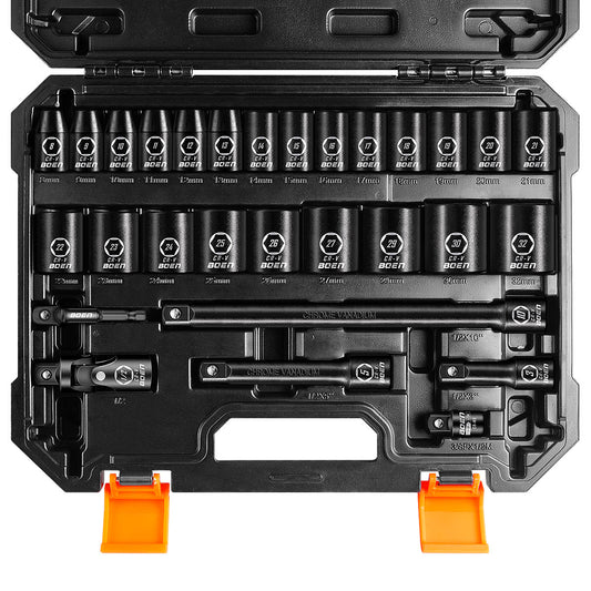 boen 8mm-32mm 1/2” Drive Metric Socket Set, Impact Shallow Socket, 6 Point Lug Nut Socket for Auto Repair with Portable Case, CR-V Steel, 29PCS