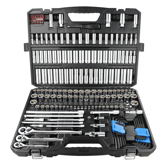 BOEN 225PCS Mechanic Tool Set, 1/4" & 3/8" & 1/2" Drive Socket Wrench Set, Metric and Standard Full Socket Set, with 90-Tooth Ratchet, Auto and Bike Repair with Heavy Duty Case