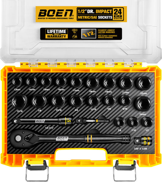 BOEN 1/2" Drive Socket Wrench Set, 24-Piece Standard SAE (3/8" to 15/16") & Metric (10mm-24mm) Shallow Socket, 6-Point with Yellow Embossed Marking, Cr-V Steel, Portable Storage Case