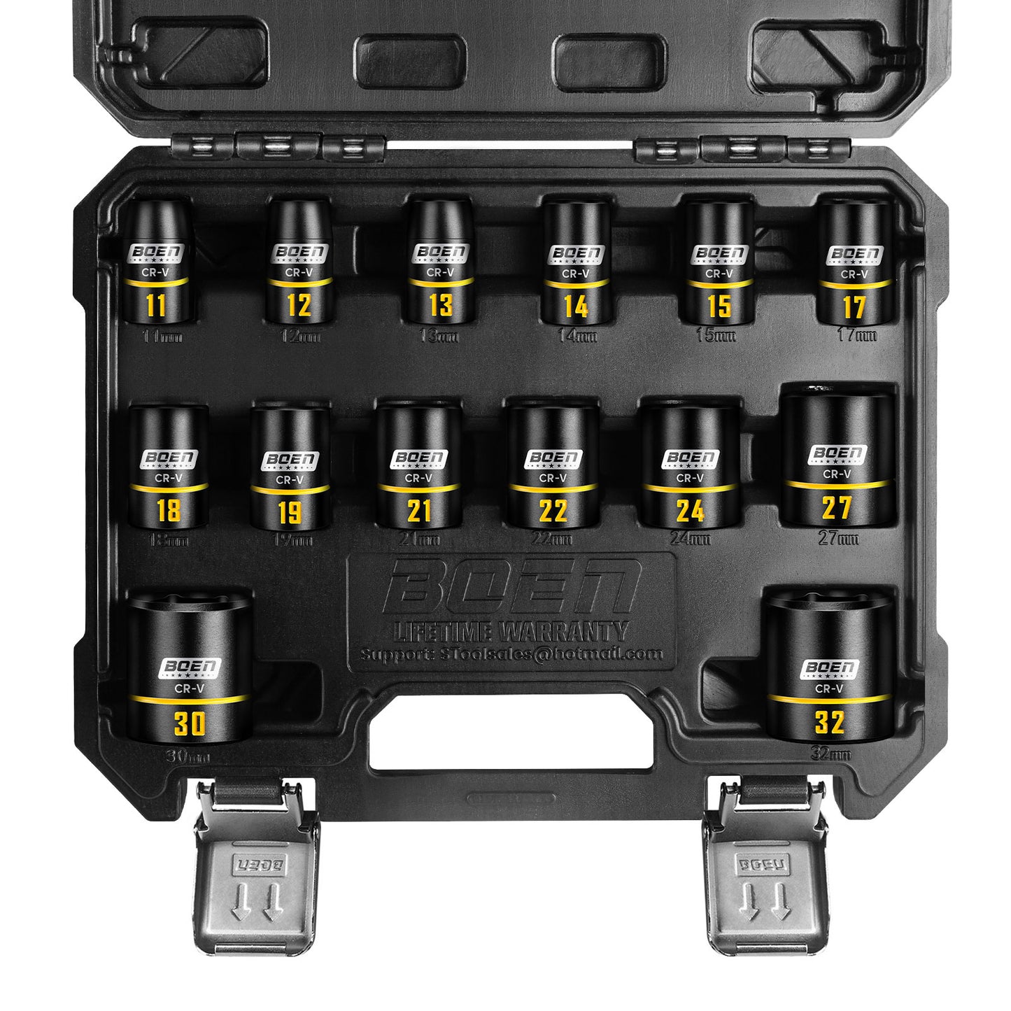BOEN 14-Piece 1/2" Drive Shallow Impact Socket Set, Metric(11-32mm), 6-Point with Yellow Embossed Marking, Cr-V Steel, Storage Box