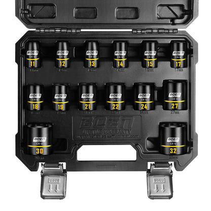 BOEN 14-Piece 1/2" Drive Shallow Impact Socket Set, Metric(11-32mm), 6-Point with Yellow Embossed Marking, Cr-V Steel, Storage Box