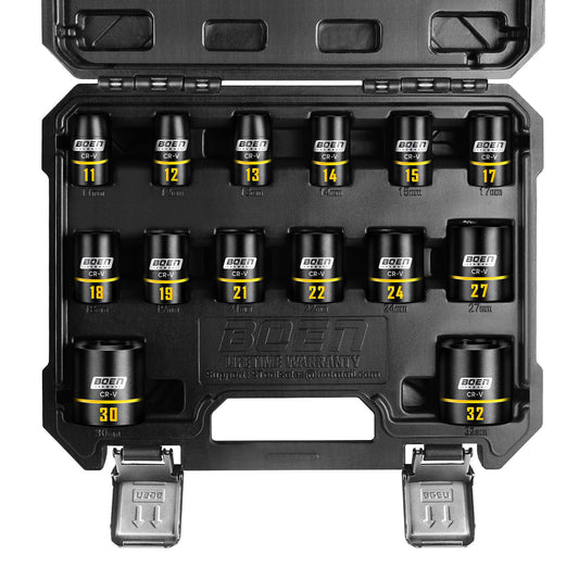 BOEN 14-Piece 1/2" Drive Shallow Impact Socket Set, Metric(11-32mm), 6-Point with Yellow Embossed Marking, Cr-V Steel, Storage Box