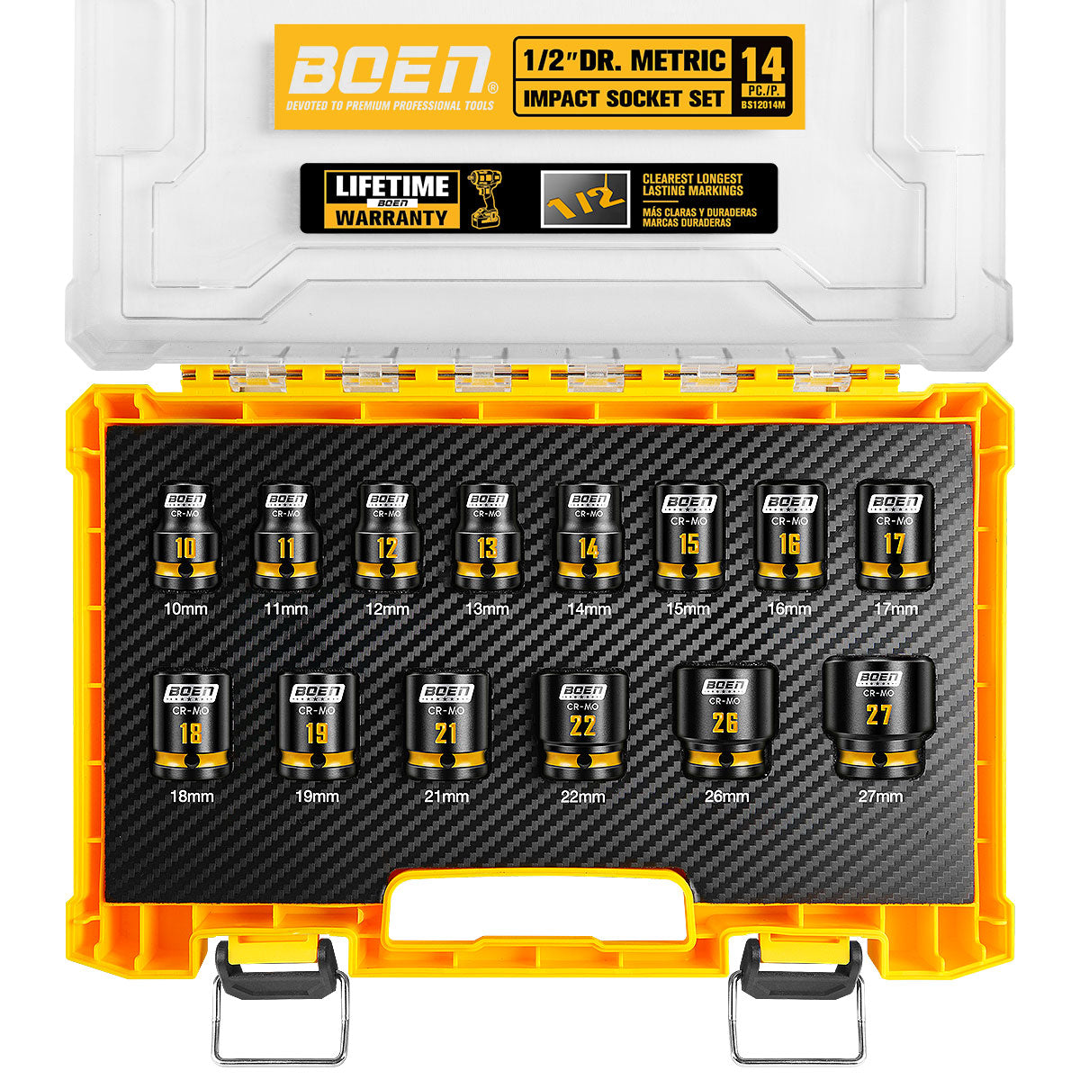 BOEN Pro 1/2" Drive Shallow Impact Socket Set, 14-Piece 6-Point Metric (10-19mm, 21, 22, 26, 27mm) Standard Socket Kit with Deep Embossed and Painted Marking, CR-MO, Includes Rugged PP Case