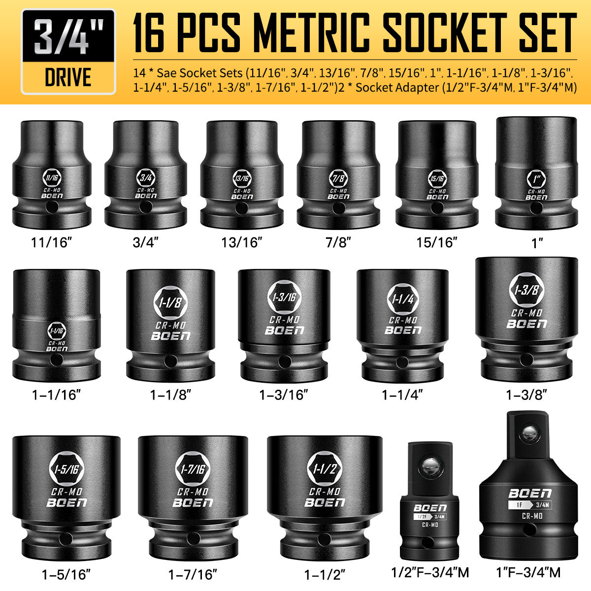boen 3/4" Drive SAE Standard Socket Set, 11/16" - 1-1/2" Large Impact Sockets, 6-Point CR-MO Steel, Rugged Construction,16PCS with a Storage Case, for Large Vehicle and Machinery Maintenance