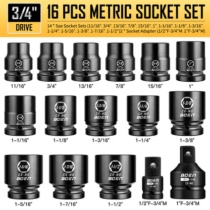 boen 3/4" Drive SAE Standard Socket Set, 11/16" - 1-1/2" Large Impact Sockets, 6-Point CR-MO Steel, Rugged Construction,16PCS with a Storage Case, for Large Vehicle and Machinery Maintenance