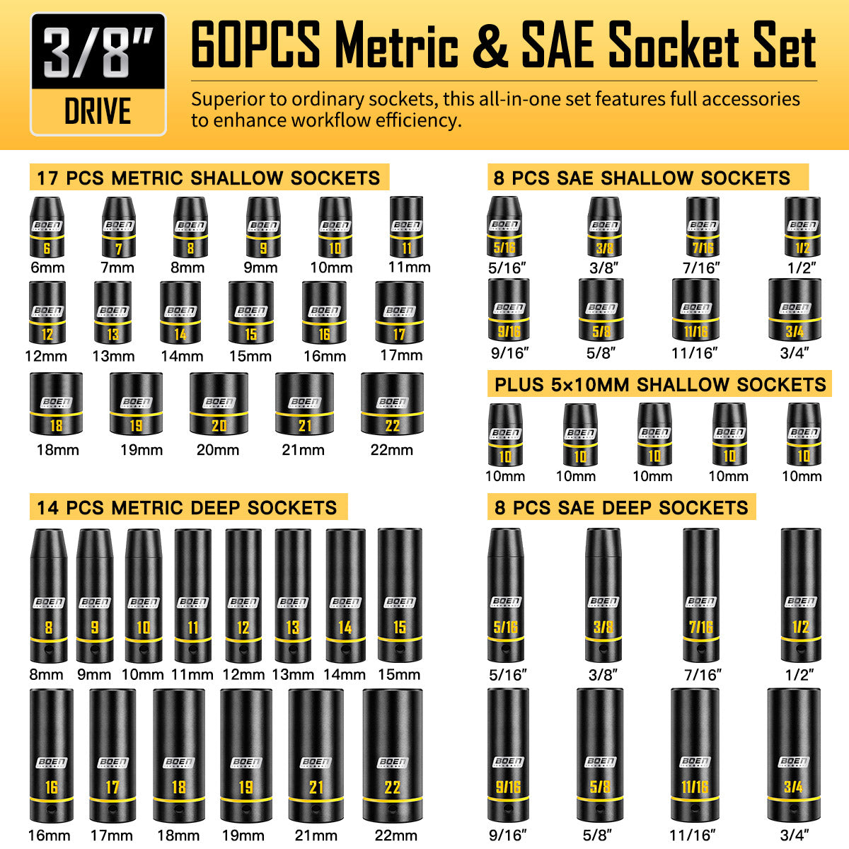 BOEN 3/8" Drive Impact Socket Set, 60PCS Metric (6-22mm) & Standard SAE (5/16"-3/4") Shallow & Deep Sockets, 6-Point Yellow Embossed Marking, with Ratchet Wrench & 7 x 10mm Sockets for Auto Repair