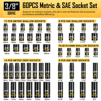 BOEN 3/8" Drive Impact Socket Set, 60PCS Metric (6-22mm) & Standard SAE (5/16"-3/4") Shallow & Deep Sockets, 6-Point Yellow Embossed Marking, with Ratchet Wrench & 7 x 10mm Sockets for Auto Repair