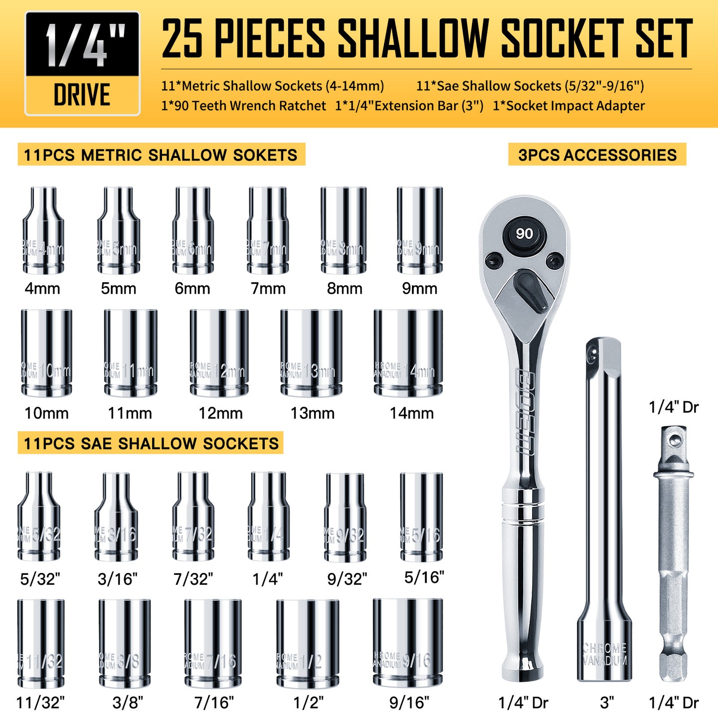 BOEN 25 Pieces 1/4" Drive Socket Set, SAE (5/32"-9/16") & Metric (4mm-14mm), 6-Point, Shallow Sockets with Ratchet, Extension Bars and Storage Case,Cr-V Steel