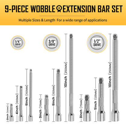 BOEN 9-Piece Wobble Extension Bar Set, 1/2", 3/8" and 1/4" Drive Ratchet Extension for Socket Wrench with Non-Slip Grip, 2-in-1 Straight and Wobble, Chrome Vanadium Steel