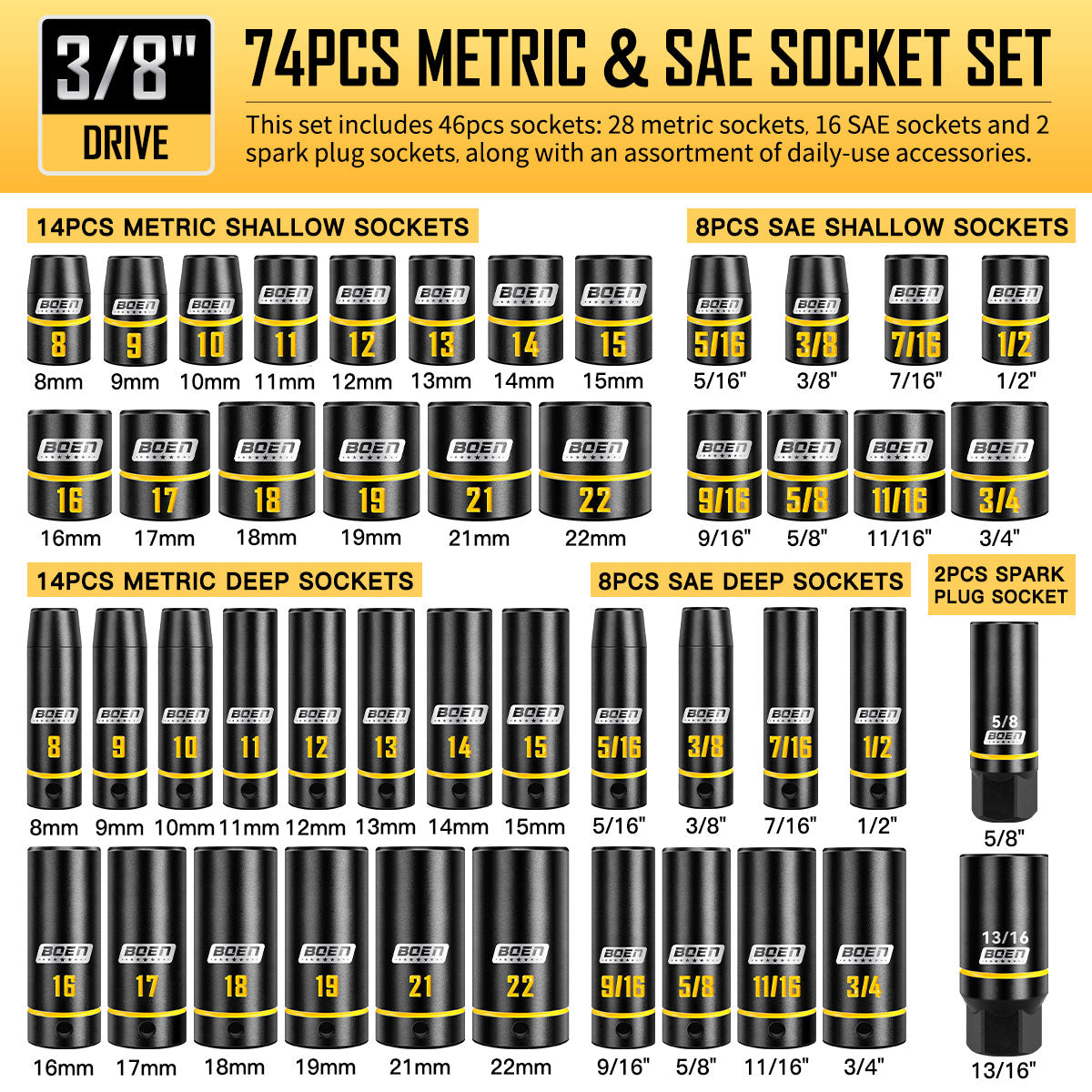 boen 3/8" Drive Impact Socket Set, 74PCS Metric (8-22mm) & SAE (5/16"-3/4"), 6-Point Deep Shallow Socket Set with Ratchet, Extension Bars, Spark Plug Sockets, Adapters, Yellow Embossed Marking, CR-V