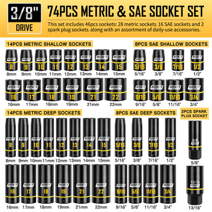 boen 3/8" Drive Impact Socket Set, 74PCS Metric (8-22mm) & SAE (5/16"-3/4"), 6-Point Deep Shallow Socket Set with Ratchet, Extension Bars, Spark Plug Sockets, Adapters, Yellow Embossed Marking, CR-V