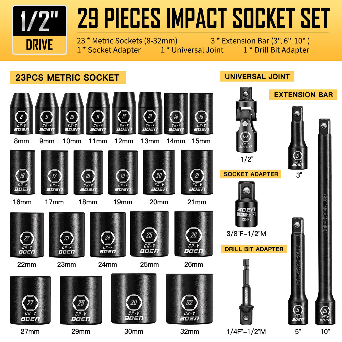 boen 8mm-32mm 1/2” Drive Metric Socket Set, Impact Shallow Socket, 6 Point Lug Nut Socket for Auto Repair with Portable Case, CR-V Steel, 29PCS
