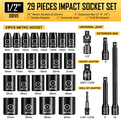 boen 8mm-32mm 1/2” Drive Metric Socket Set, Impact Shallow Socket, 6 Point Lug Nut Socket for Auto Repair with Portable Case, CR-V Steel, 29PCS