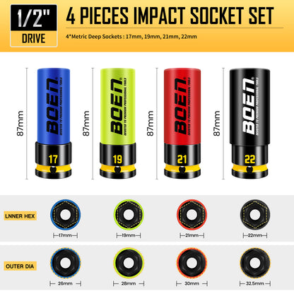 BOEN 1/2" Drive Impact Lug Nut Socket Set, 4 Pieces Non-Marring Thin Wall Wheel Protector Nut Socket, Metric (17, 19, 21, 22) mm, Color-Coded and Embossed and Painted Marking, CR-MO Steel