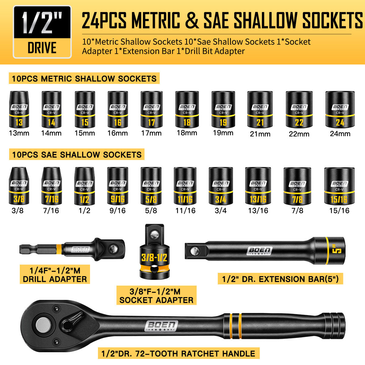 BOEN 1/2" Drive Socket Wrench Set, 24-Piece Standard SAE (3/8" to 15/16") & Metric (10mm-24mm) Shallow Socket, 6-Point with Yellow Embossed Marking, Cr-V Steel, Portable Storage Case