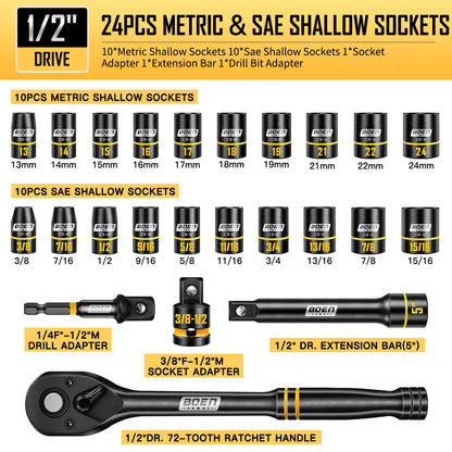 BOEN 1/2" Drive Socket Wrench Set, 24-Piece Standard SAE (3/8" to 15/16") & Metric (10mm-24mm) Shallow Socket, 6-Point with Yellow Embossed Marking, Cr-V Steel, Portable Storage Case