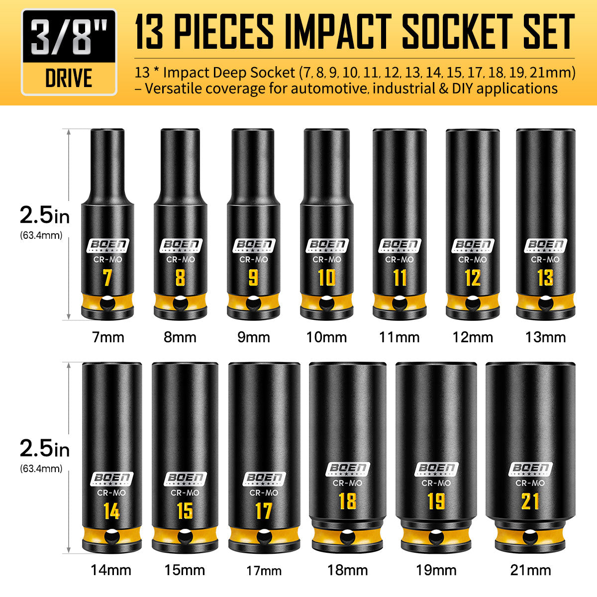 boen 13PCS 7mm-21mm 3/8” Drive Metric Socket Set, Impact Deep Socket, 6-Point with Yellow Embossed Marking, CR-MO Steel