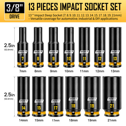 boen 13PCS 7mm-21mm 3/8” Drive Metric Socket Set, Impact Deep Socket, 6-Point with Yellow Embossed Marking, CR-MO Steel
