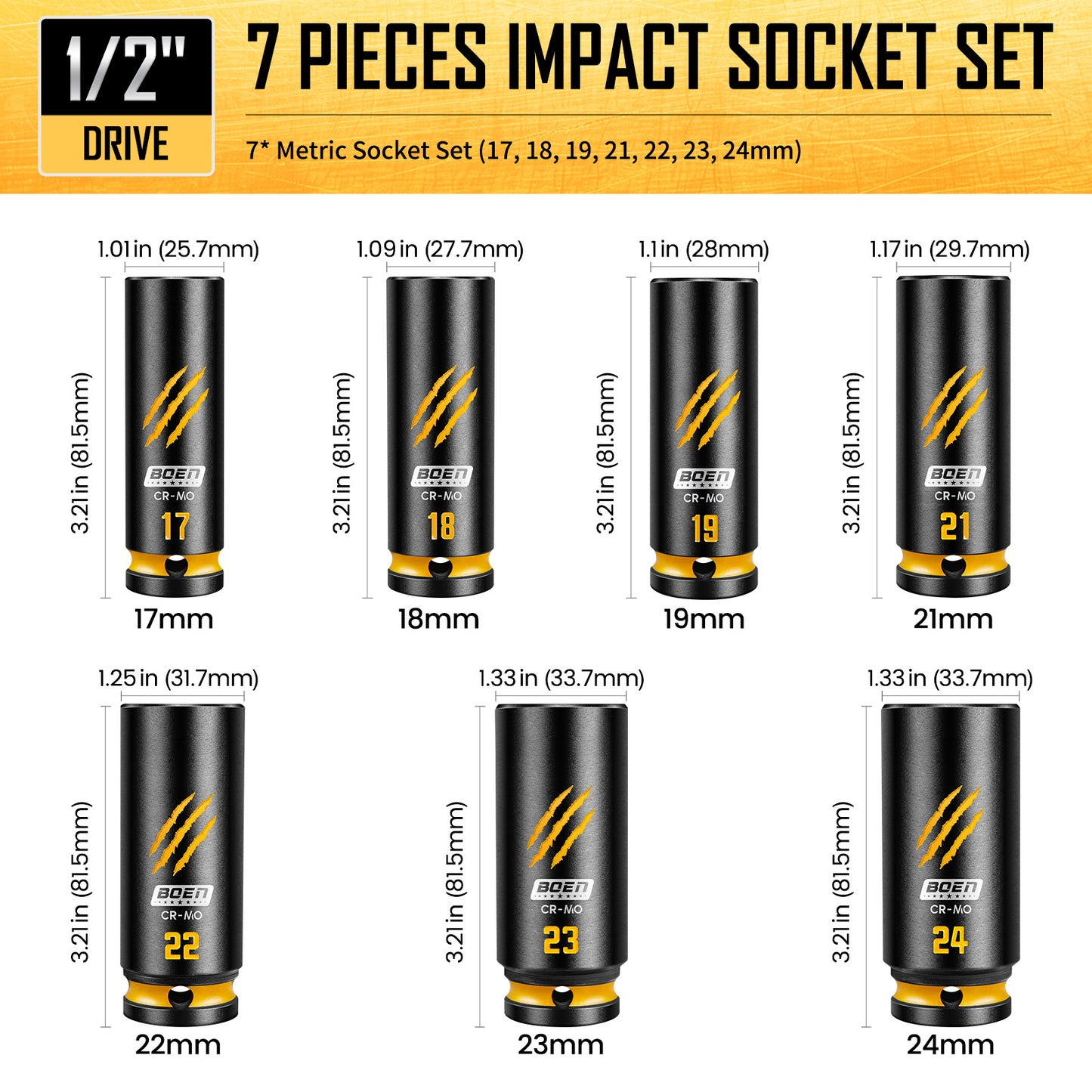 BOEN 7-Piece 1/2" Drive Metric Impact Socket Set, (17, 18, 19, 21, 22, 23, 24 mm) Deep Socket, Chrome-molybdenum Steel, Deep Embossed and Painted Marking, 6-Point Design, Yellow Groove