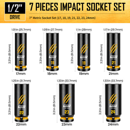 BOEN 7-Piece 1/2" Drive Metric Impact Socket Set, (17, 18, 19, 21, 22, 23, 24 mm) Deep Socket, Chrome-molybdenum Steel, Deep Embossed and Painted Marking, 6-Point Design, Yellow Groove