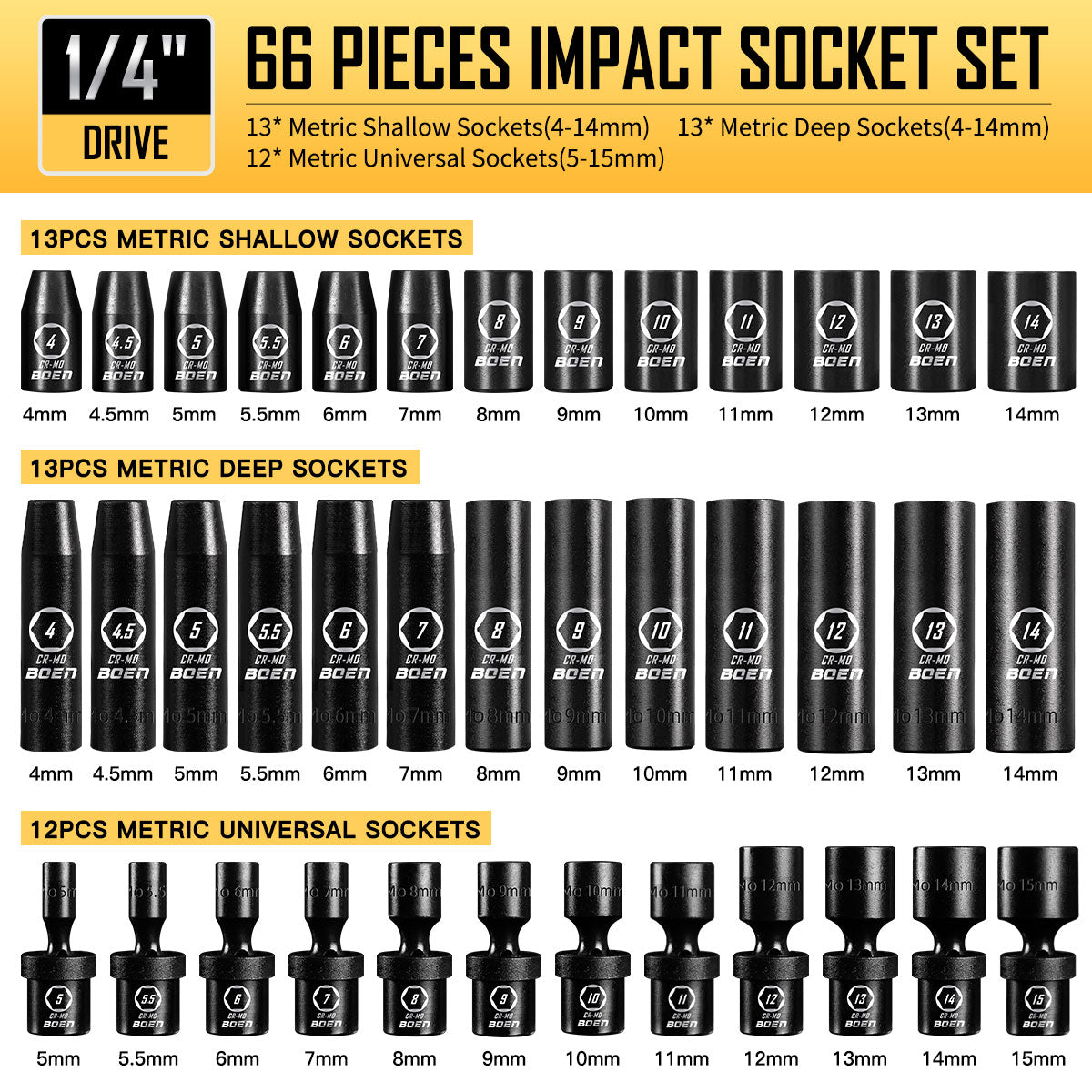 BOEN 1/4" Drive Metric Impact Socket Set, 66-Piece (4-14mm) Deep & Shallow Kit, Includes 5-15mm Swivel Sockets, 72T Ratchet Handle, 2", 4", 6" Extension Bar, Adapters, Universal Joint & Impact Bit