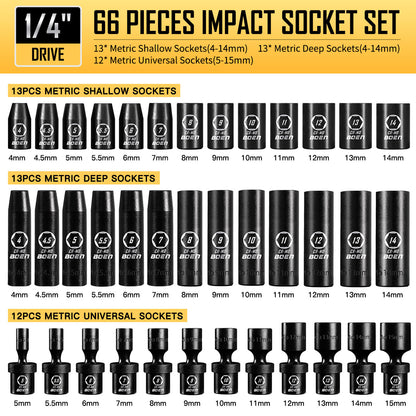 BOEN 1/4" Drive Metric Impact Socket Set, 66-Piece (4-14mm) Deep & Shallow Kit, Includes 5-15mm Swivel Sockets, 72T Ratchet Handle, 2", 4", 6" Extension Bar, Adapters, Universal Joint & Impact Bit